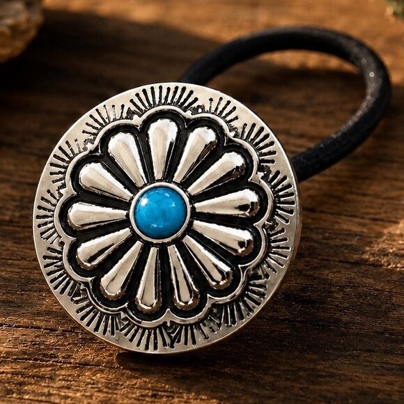 Western Concho Hair Tie – Navajo Indian Style Medallion with Turquoise Accent main image 6